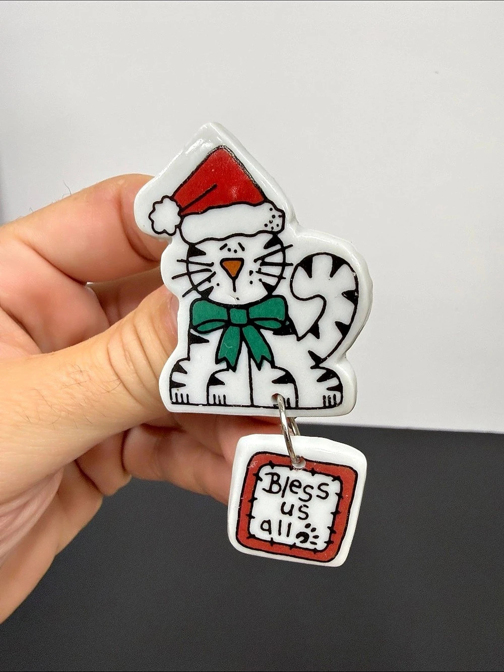 Vintage Handmade Ceramic Christmas Cat Brooch “Bless Us All” Santa Hat Dangle Pi